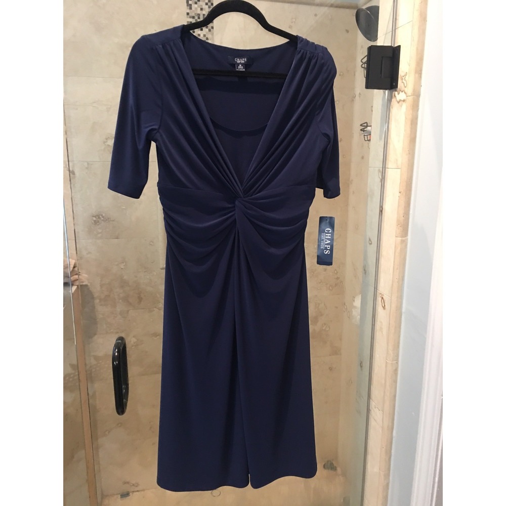 Chaps Womens Indigo Blue V-Neck Knot Front A-Line Jersey Midi Dress M NWT